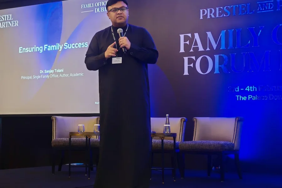 Dr. Sanjay Tolani speaking at a family office forum