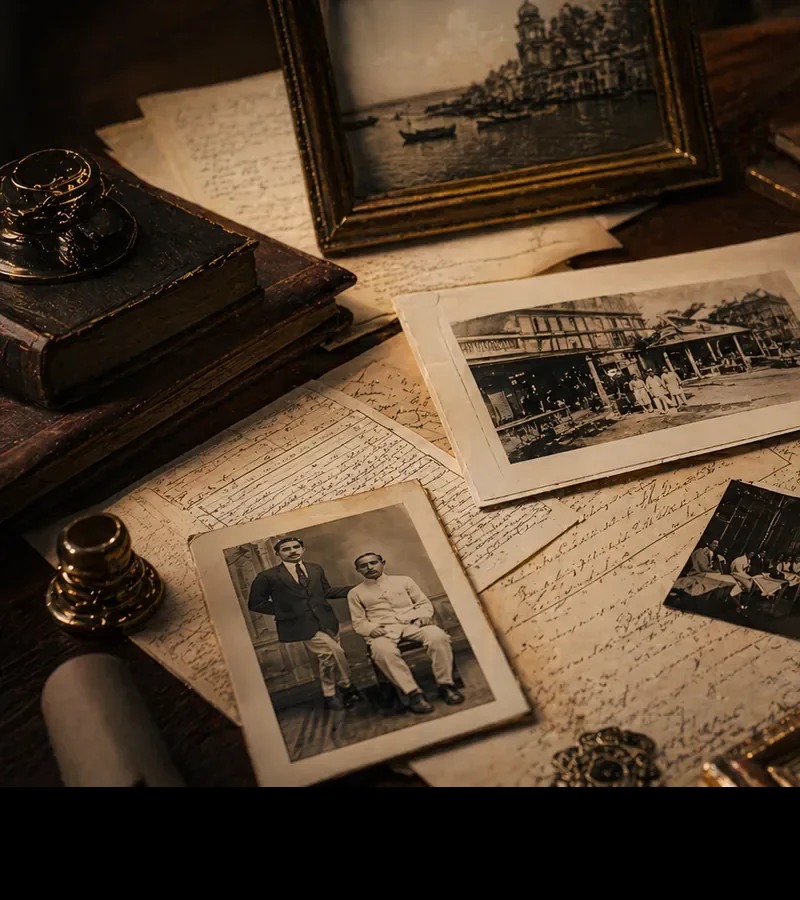 Tolani family archive materials on a study desk