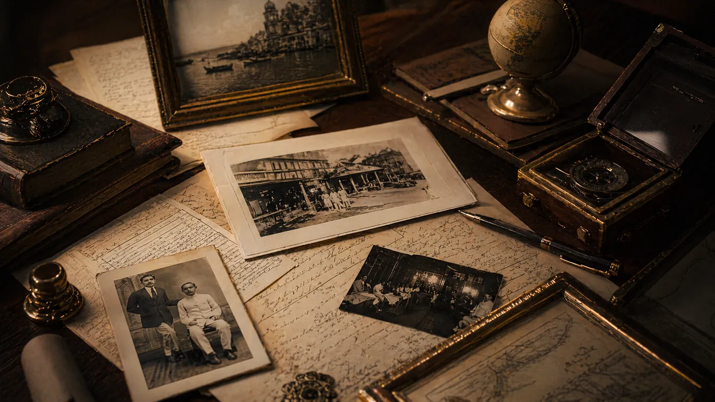 Tolani family archive desk with historic photographs, documents, maps and objects