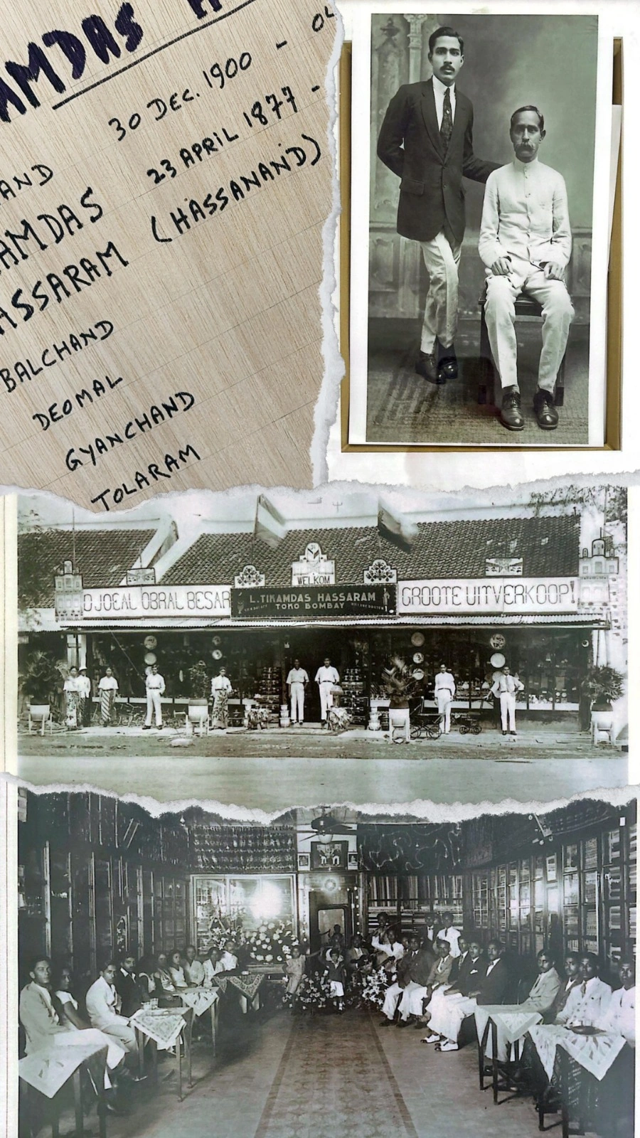 Tolani family archive showing early family records, founders, historic business premises and a family gathering
