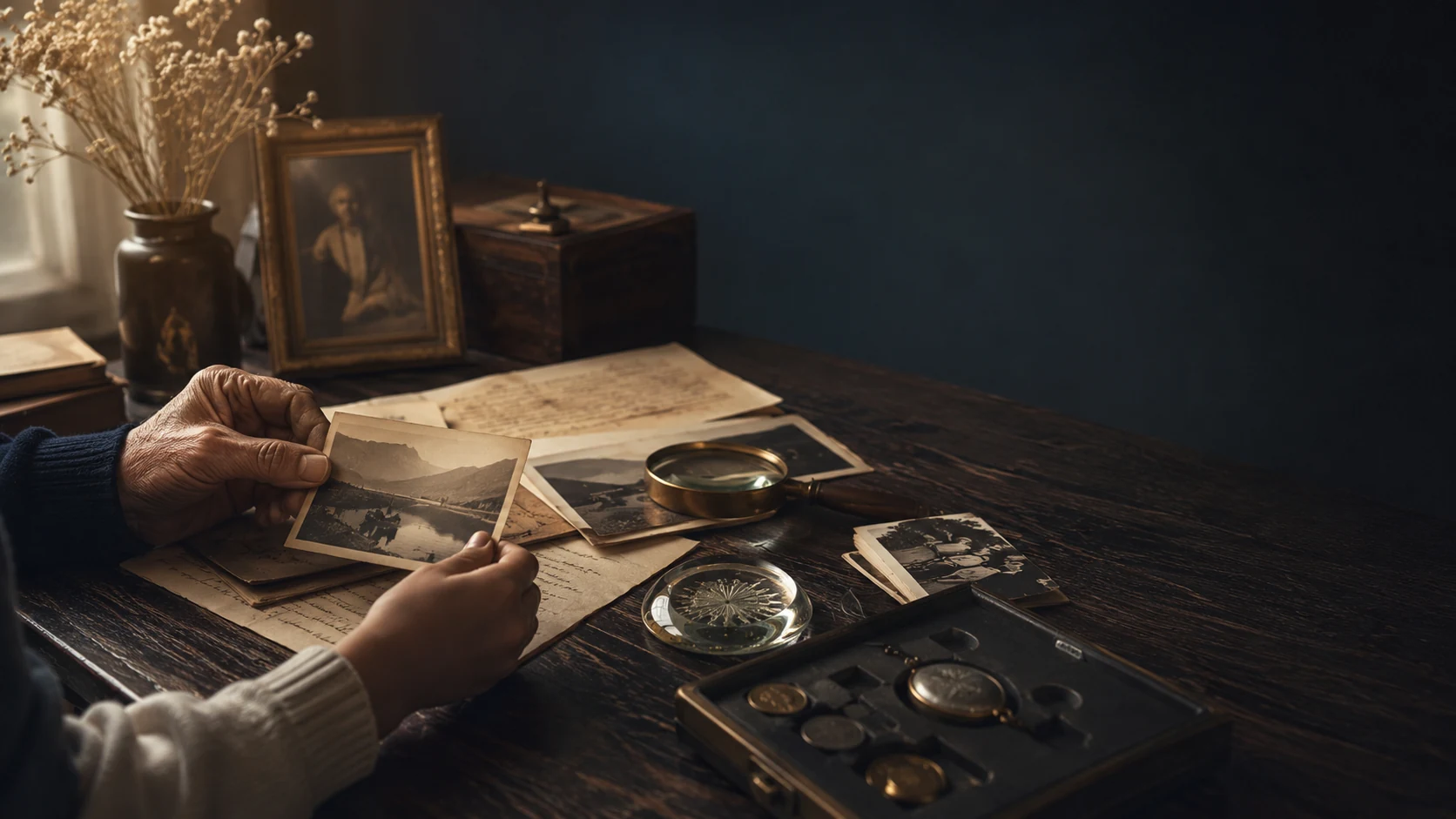 Hands reviewing family photographs and archival objects
